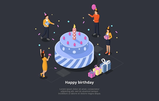 Happy Birthday Concept Vector Illustration. Isometric 3D Composition With Group Of People Celebrating Holiday Around Big Festive Cake