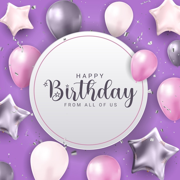 Happy birthday congratulations banner design with confetti, balloons and glossy glitter ribbon for party holiday background. vector illustration eps10