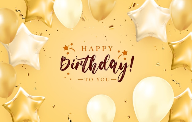 Vector happy birthday congratulations banner design with confetti, balloons and glossy glitter ribbon for party holiday background. vector illustration