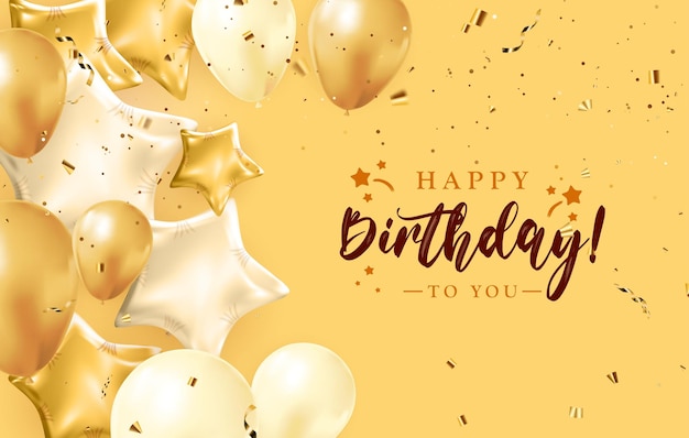 색종이 풍선과 광택 있는 반짝이 리본을 사용한 생일 축하 배너 디자인