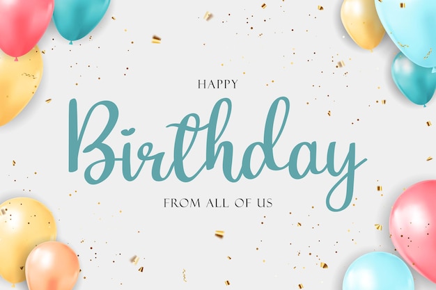 Vector happy birthday congratulations banner design with confetti balloons and glossy glitter ribbon