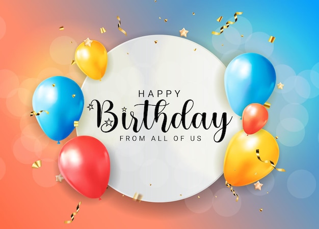 Vector happy birthday congratulations banner design with confetti balloons and glossy glitter ribbon