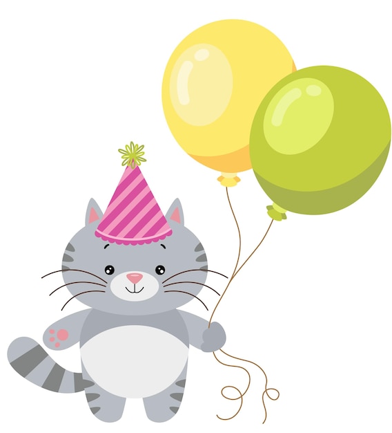 Vettore buon compleanno, gatto carino con i palloncini.