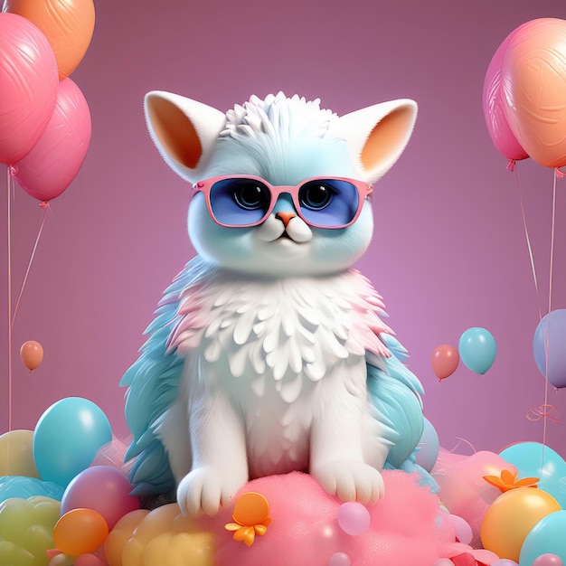 Buon compleanno gatto carino con occhiali da sole e palloncini illustrazione 3d cartone animato happy birthda