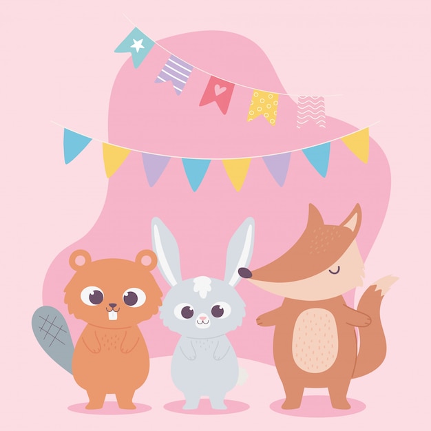 Buon compleanno, simpatico coniglio castoro e volpe con stendardi celebrazione fumetto decorazione