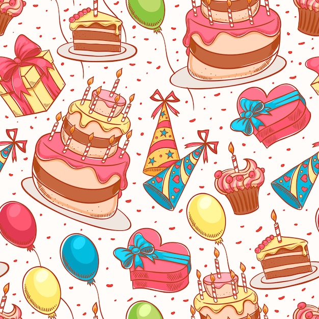 Happy birthday. cute seamless background with a birthday cake and gifts