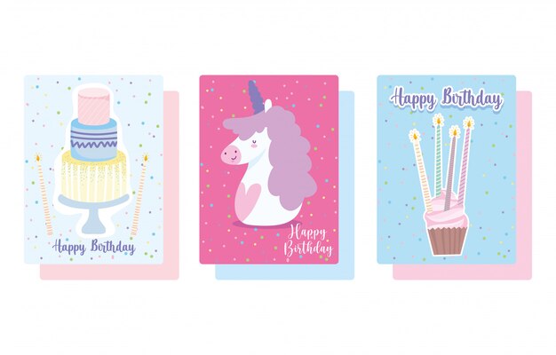 Vector happy birthday, cute unicorn cupcake and cake with candles cartoon celebration decoration card