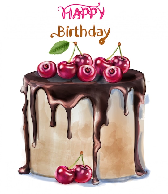 お誕生日おめでとう美味しいチェリーケーキの水彩画