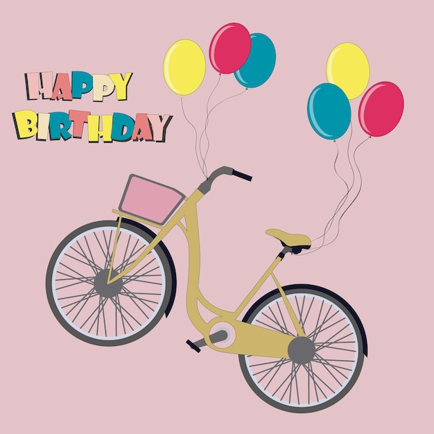 風船ベクトルイラストにぶら下がっている自転車とお誕生日おめでとうデザイン