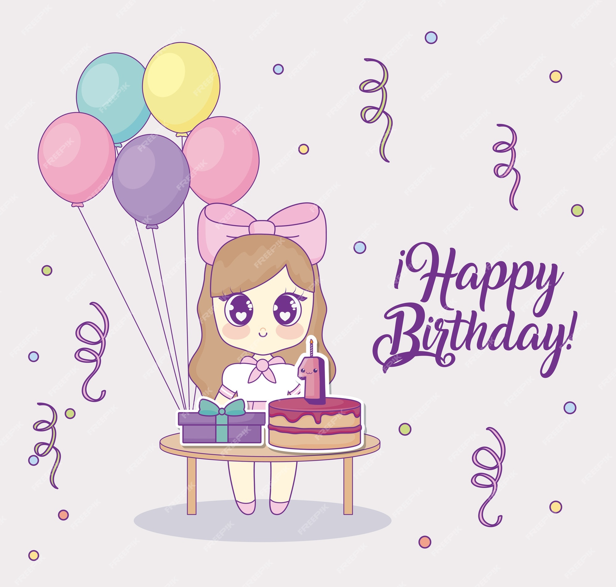 happy birthdaydesign with kawaii anime girl with related icons