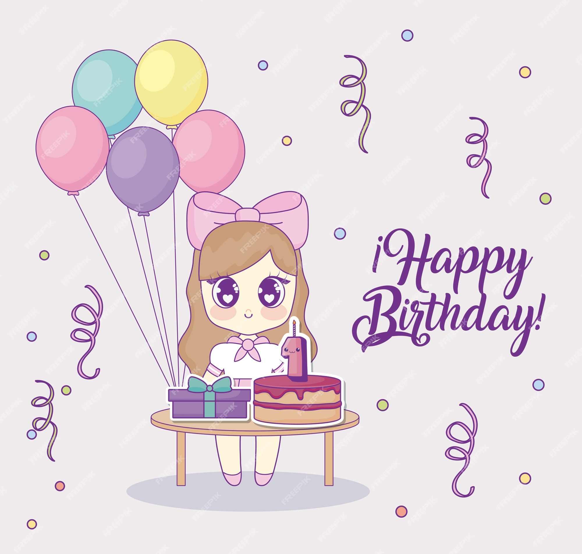 happy birthdaydesign with kawaii anime girl with related icons