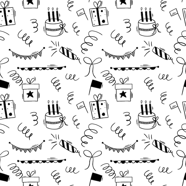 Vector happy birthday doodle black elements seamless pattern with birthday cake and garlands