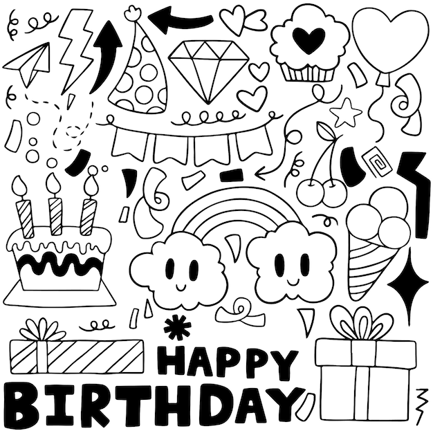 Composizione di elementi doodle di buon compleanno