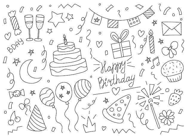 Vettore elementi di doodle di compleanno felici oggetti disegnati a mano decorazione della festa