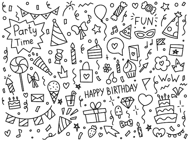 Vettore happy birthday doodle elementi di festa e celebrazione design decorazione confetti torta palloncini