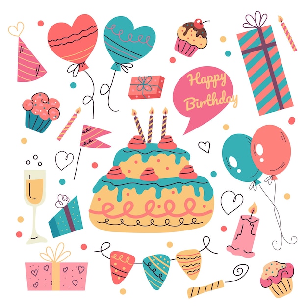 Buon compleanno doodle disegnato a mano elemento di design piatto isolato insieme di raccolta