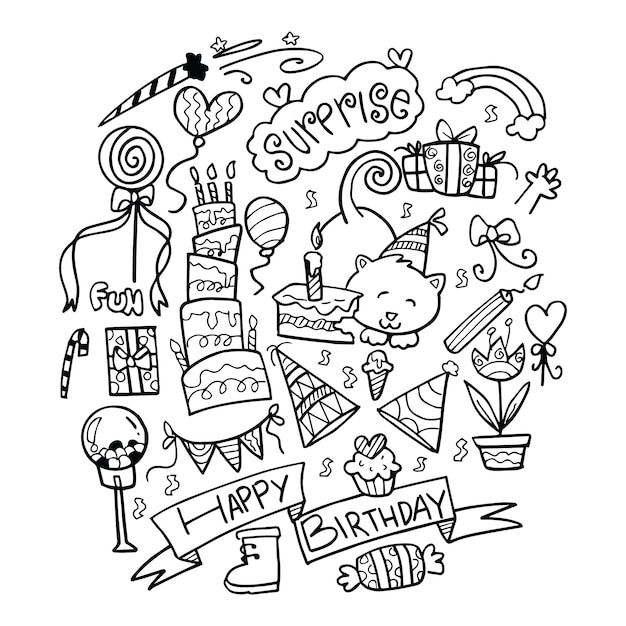 Vector happy birthday doodle hand drawn