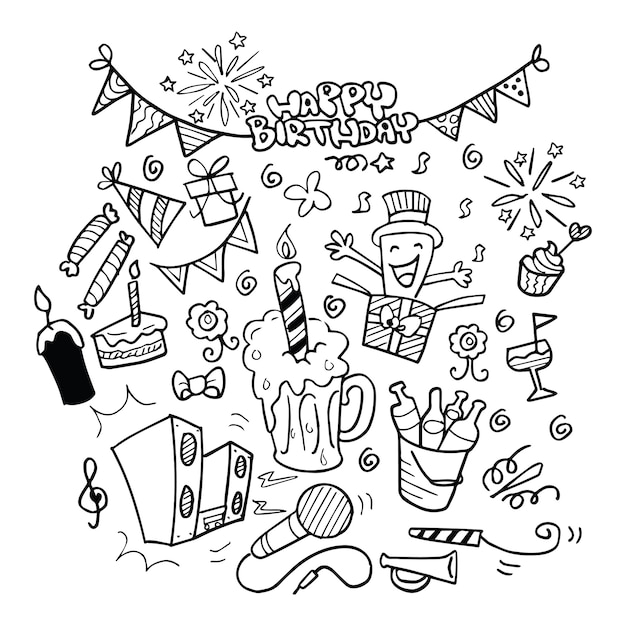 Vettore buon compleanno doodle disegnato a mano