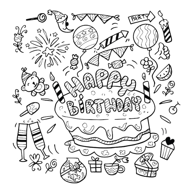 Vettore buon compleanno doodle disegnato a manostampa