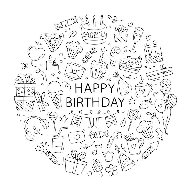 Happy birthday doodle set hand drawn vector illustration isolated on white background