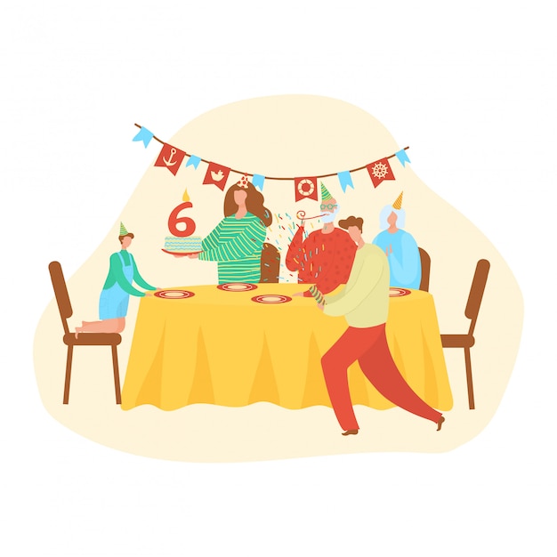 Famiglia e bambino di buon compleanno, decorazione del dolce di sei lettere di numero, la gente alla celebrazione, nonno, nonna, padre, madre e illustrazione del fumetto del bambino.