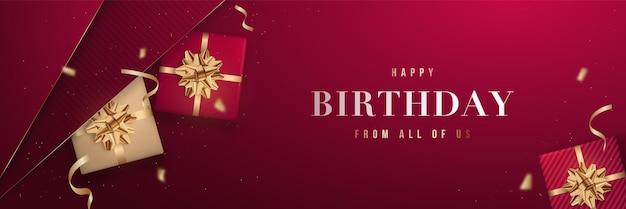Banner festivo di buon compleanno scatole regalo rosse e dorate