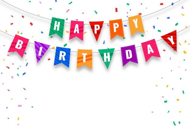 Vector happy birthday flags and confetti background