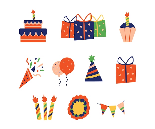 happy birthday gift element shape collection set gift box cupcakes candle trumpet party balloon