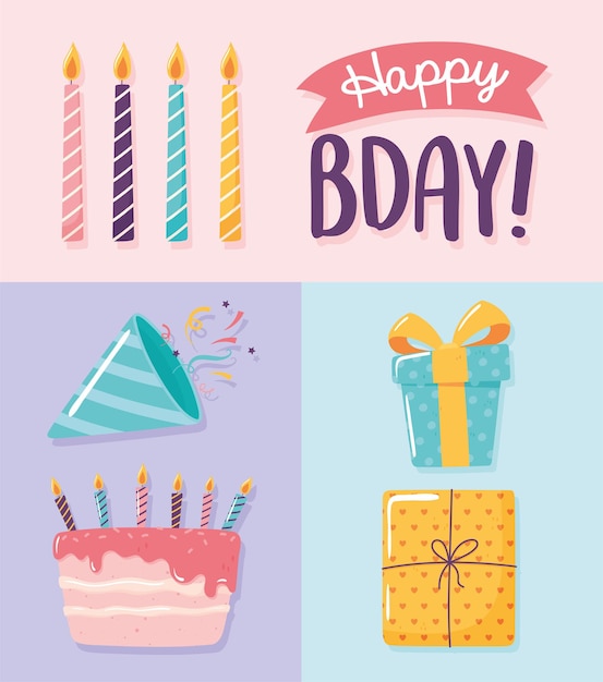 Vector happy birthday gifts cake candles