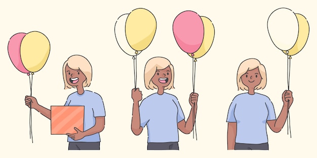 happy birthday girl holding balloon cute people illustration