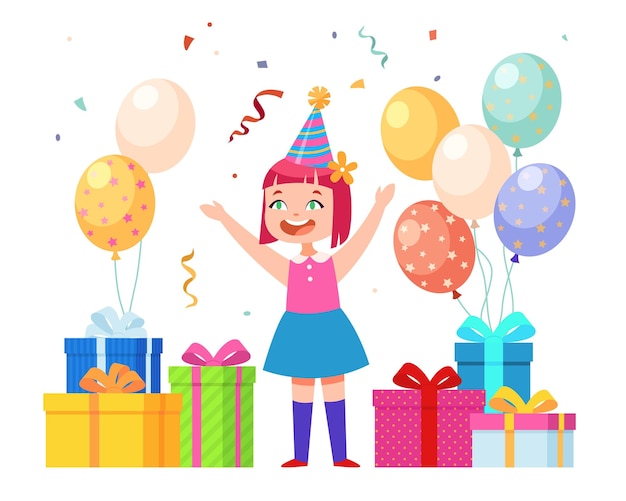 Happy birthday girl Young child with gifts balloons and confetti Funny character Kids party celebration Design template for greeting card or invitation Vector cartoon isolated concept