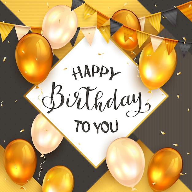 Happy Birthday golden balloons pennants confetti Illustration for holiday design card banners
