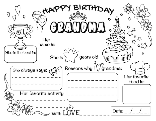 Vector happy birthday grandma fill out the worksheet grandma's birthday for her grandchildren