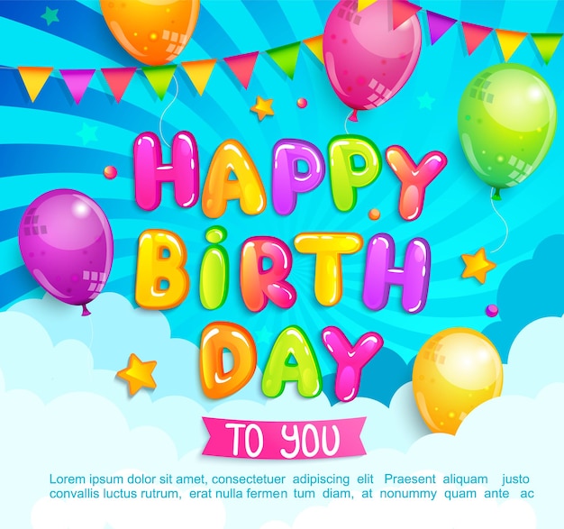 Happy Birthday greeting banner with balloon flags clouds on sunburst background Design template