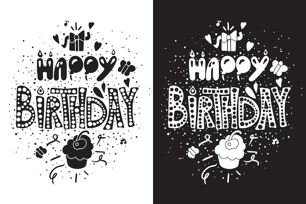 Happy birthday greeting card in black white themes with gift and cupcake. vector illustration