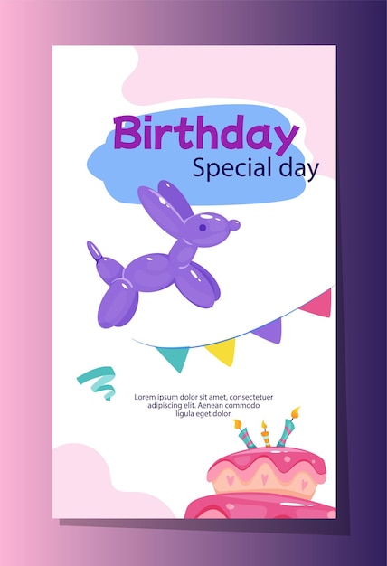 Vector happy birthday greeting card card with balloons cake and garland congratulatory post for social