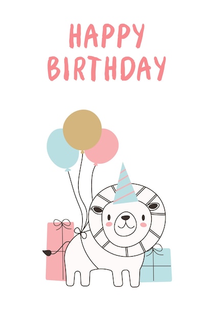 Happy Birthday greeting card for children with cute cartoon lion African animals Vector illustration ideal for cards invitations posters and banners EPS