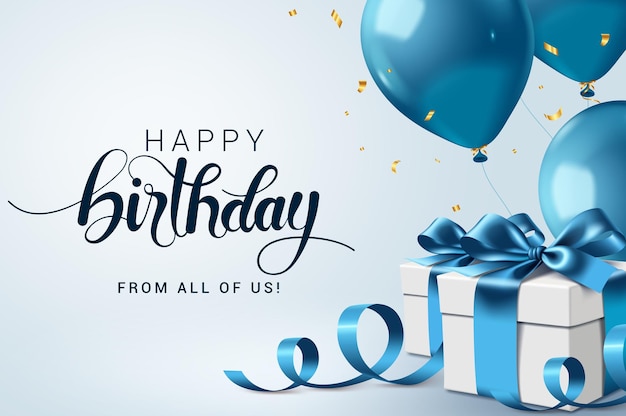 생일 축하 카드 클리파트 디자인 생일 선물 상자 및 파란 풍선 떠 있는 요소