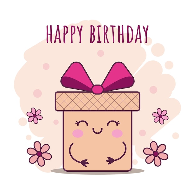 Happy birthday greeting card. Cute cartoon kawaii gift box character with flowers, beige background