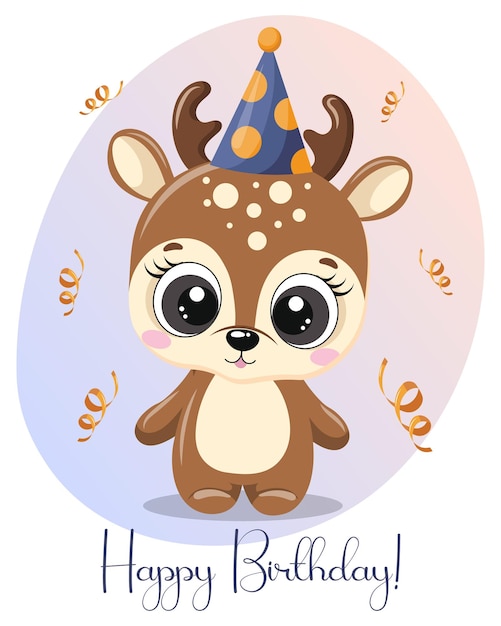 Happy birthday greeting card, cute little deer in a festive hat on a background with serpentines