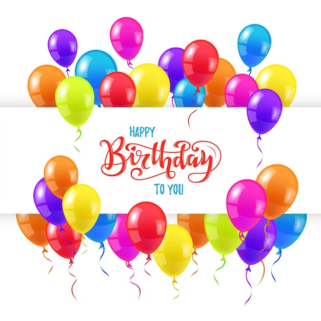 Happy birthday greeting card design with hand drawn lettering and colorful balloons.