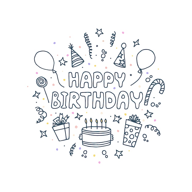 Vector happy birthday greeting card. greeting inscription, gifts, cake and other items.