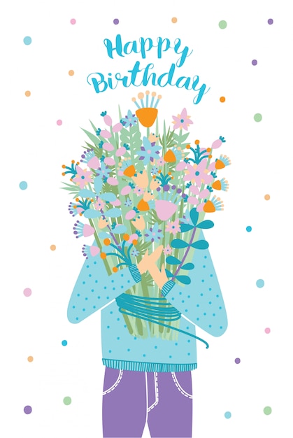 Vector happy birthday greeting card. guest with flower bouquet. illustration, cartoon postcard.