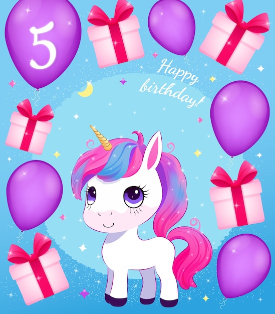 Buon compleanno biglietto di auguri per bambini con un carino unicorno palloncini viola scatole regalo rosa e stelle