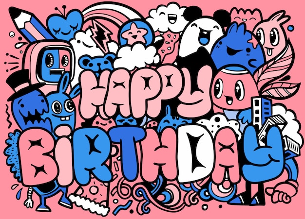 Vector happy birthday greeting card and monster characters  . crazy cute little monsters characters