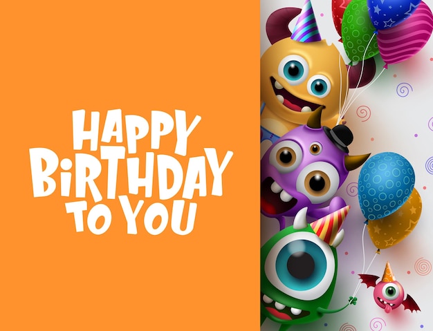Vector happy birthday greeting card vector background template cute little monster characters