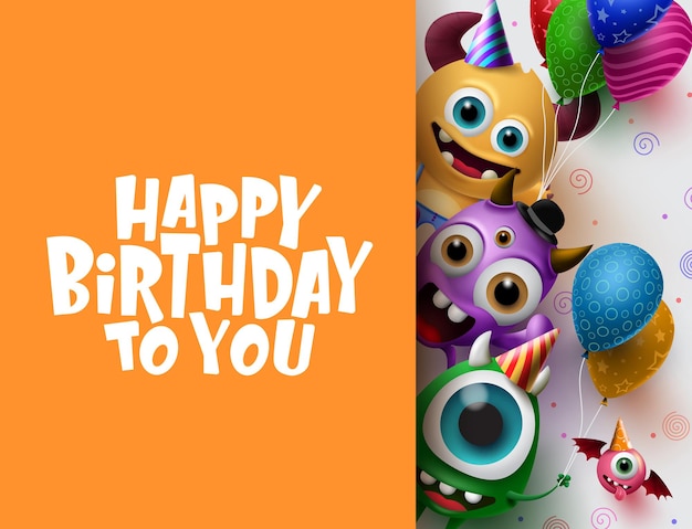 Happy birthday greeting card vector background template cute little monster characters