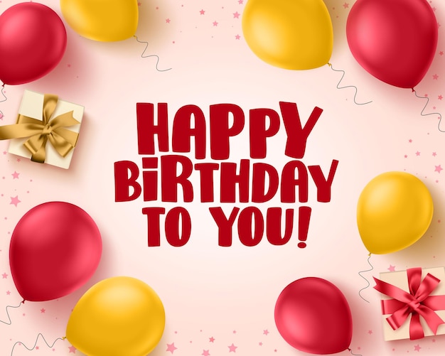 Happy birthday greeting card vector banner design with colorful balloons and gift box in pink