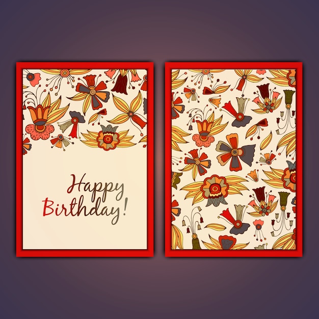 Happy birthday greeting card with abstract doodle flowers.