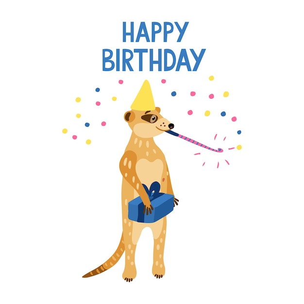 Vector happy birthday greeting card with an adorable meerkat blowing a party horn